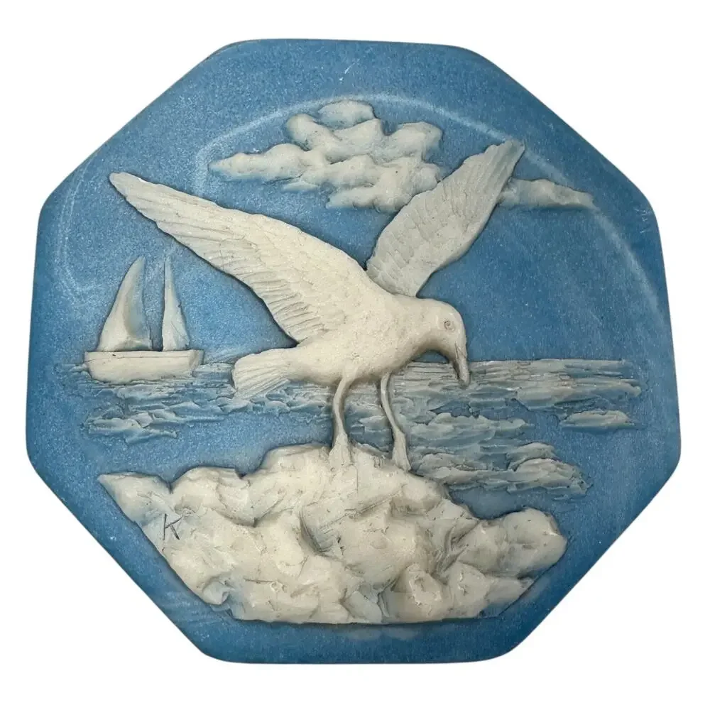 Vintage Incolay‎ Trinket Box w/ Lid Seagull Sailboat Jewelry Box Jasperware Blue